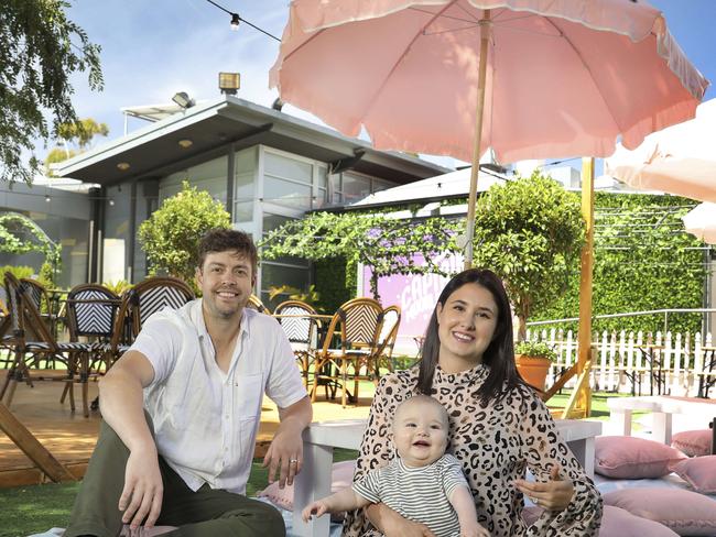 Owners Melissa and Trent Fahey son, Flynn in Captain Moonlight’s Garden Party. Picture: Dean Martin