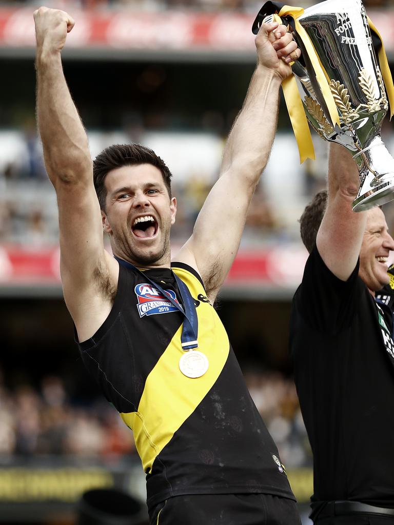 Trent Cotchin lifts the premiership cup. Picture: Ryan Pierse/AFL Media/via Getty Images