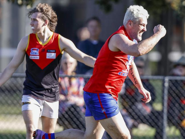 Brendan Fevola celebrates a goal for Port Colts against Dingley on Saturday. Picture: Alex Coppel.