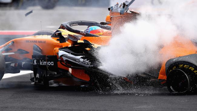 If this accident had happened a year ago, before the mandatory introduction of the halo this season, Leclerc may very well have been seriously injured. Picture: Getty Images.