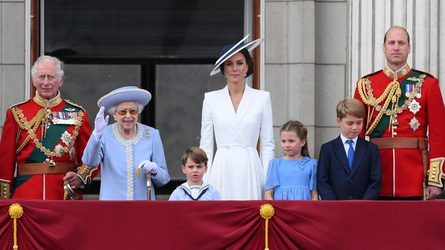 Only central figures in ‘The Firm’ stood with Queen Elizabeth II on the balcony of Buckingham Palace during her Jubilee celebrations earlier this year. Picture: Daniel Leal / AFP