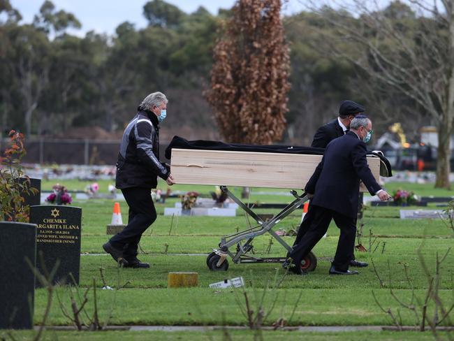 Edelsten’s coffin is escorted from the hearse to his final resting place. Picture: David Caird