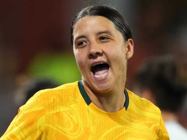 PERTH, AUSTRALIA - NOVEMBER 01: Sam Kerr of the Matildas celebrates her goal during the AFC Women's Asian Olympic Qualifier match between Australia Matildas and Chinese Taipei at HBF Park on November 01, 2023 in Perth, Australia. (Photo by James Worsfold/Getty Images)