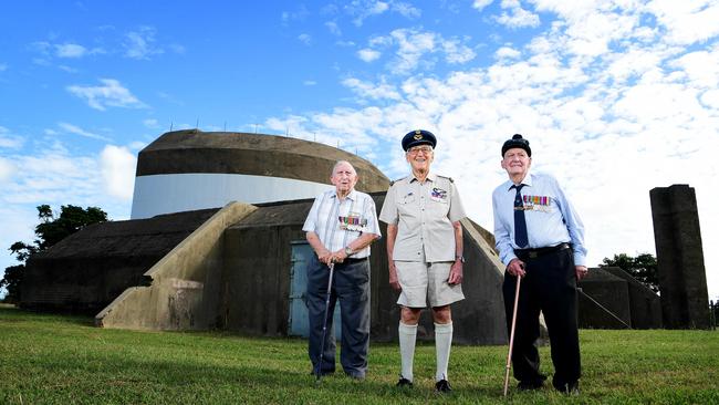 Bombing of Darwin veterans Basil Stahl, 96, from the 2nd Field Survey Corps, Brian Winspear, 99, RAAF air gunner and Mervyn Ey, 97, from the 27th Scottish Infantry Batallion, at the East Point Gun turret ahead of the Bombing of Darwin 77th Anniversary. Picture: Justin Kennedy