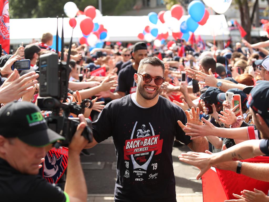 James Tedesco during the Sydney Roosters fan day outside the Hordern Pavilion, Sydney after the Roosters 2019 NRL Premiership win. Picture: Brett Costello