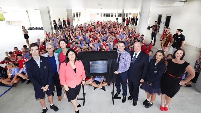 Qld State Minister for Education Grace Grace opens the new learning centre at Palm Beach Currumbin High School. L-R, School Captain Connor Hartly, Phil Follent P&amp;C, Kaylee Campradt (Candidate for Currumbin), Grace Grace Minister for Education, School Principal Chris Capra, Michael Hart MP, School Captain Lilli Wyatt and P&amp;C President Kelli Trigger. Picture: Scott Powick.