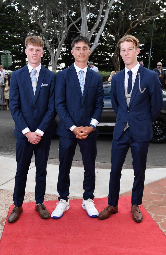 Logan Stratton, Luke Gardiner and Reilly Scott at Centenary Heights State High School formal. Picture; Patrick Woods.