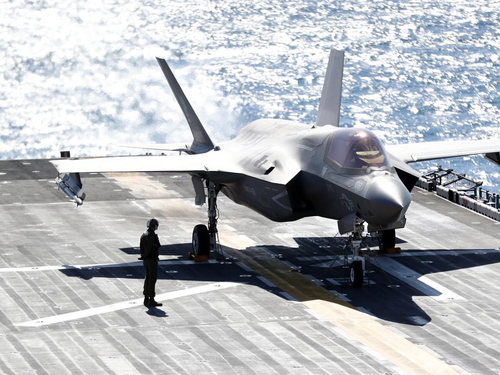 An F-35B landing on the Wasp. Photos on board the USS Wasp. Pic Peter Wallis