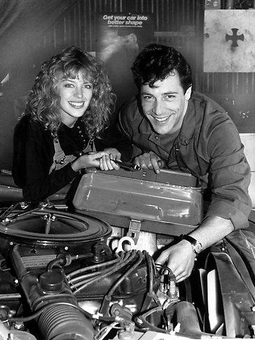 Minogue and Nick Carrafa as Charlene Robinson and Tony Romeo on the set of Neighbours in 1987. Picture: Supplied/Channel 10  