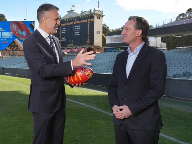 SA Premier Peter Malinauskas, left, labelled a potential first Gather Round in Sydney as ‘dog sh*t’. Picture: Dean Martin