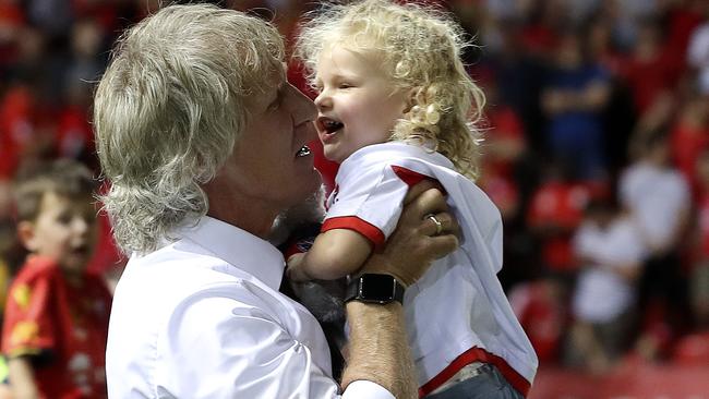 Happier times for Gertjan Verbeek, as he celebrates Adelaide United’s FFA Cup final victory with his daughter, Sinne. Picture: Sarah Reed