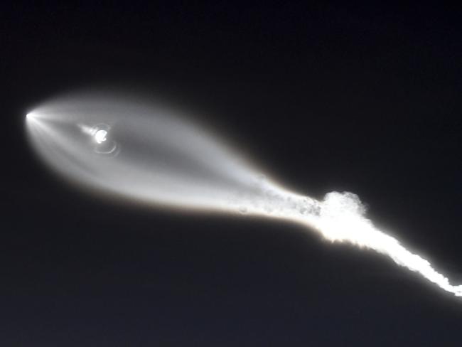 The contrail from a SpaceX Falcon 9 rocket is seen in the sky Friday, Dec. 22 2017, in Apple Valley, Calif. The launch was more than 200 miles from Apple Valley yet was still brilliantly visible. The Falcon 9 booster lifted off from coastal Vandenberg Air Force Base, carrying the latest batch of satellites for Iridium Communications. (James Quigg/The Daily Press via AP)