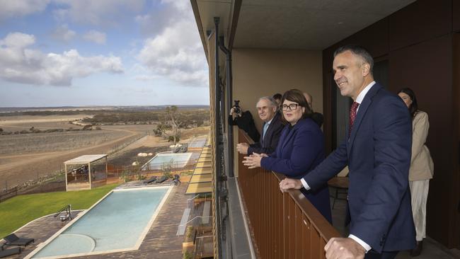 Federal Tourism Minister Senator Don Farrell, state Tourism Minister Zoe Bettison & Premier Peter Malinauskas at the opening of Monarto Safari Resort. Picture: Brett Hartwig.