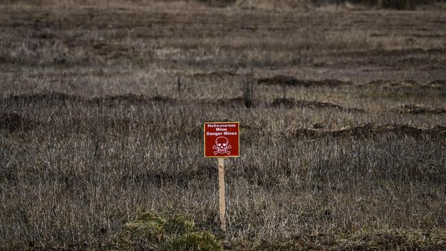 Once-arable land northeast of Kyiv has been sown with landmines. Picture: AFP