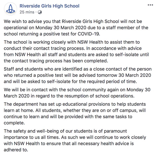 In a statement the school said, “We wish to advise you that Riverside Girls High School will not be operational on Monday 30 March 2020 due to a staff member of the school returning a positive test for COVID-19.