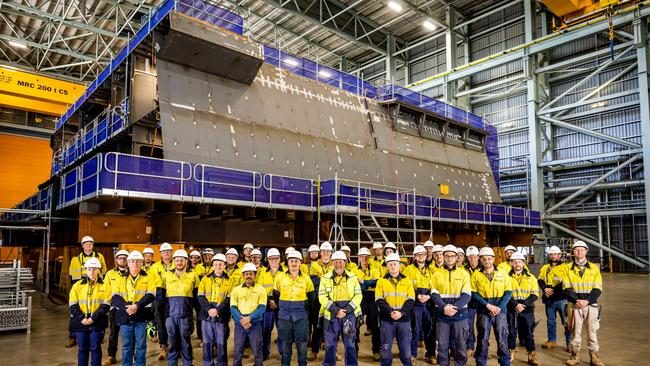 Equal to the size of two houses and taking 45,000 hours, the first steel prototype “block'” was constructed by Adelaide shipbuilders working on the Hunter-class frigate program. Picture: James Elsby/ BAE Systems Australia