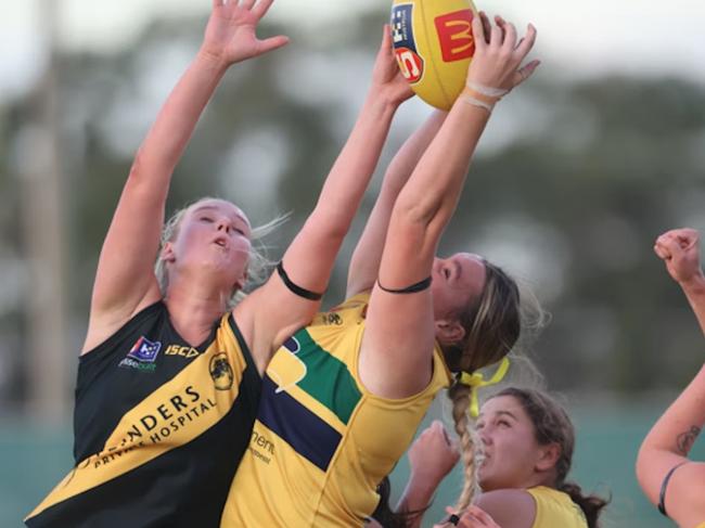 Henley’s Klaudia O’Neill (right) in action for Woodville-West Torrens. Picture: Cory Sutton