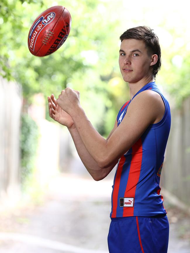 Sam Darcy, son of ex Bulldog Luke Darcy poses up for pictures before this months draft. . Photo by Michael Klein.