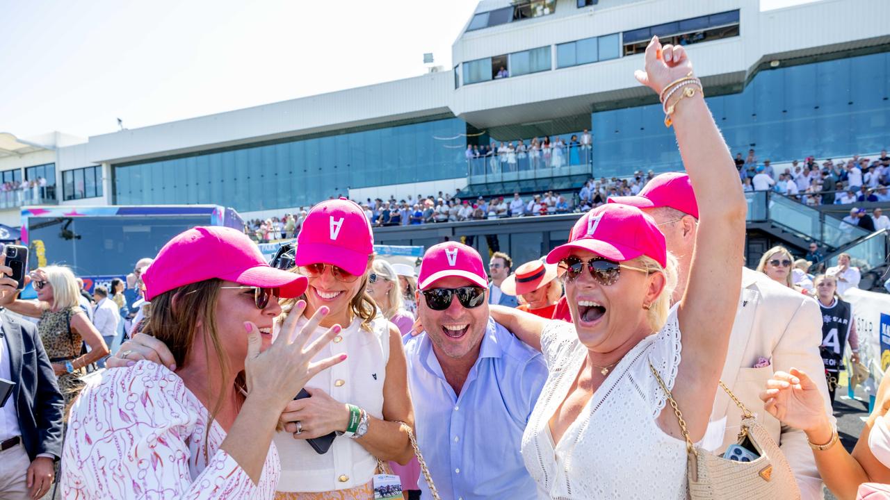 Sasha Morris, Jane Gollan, Steve Morris and Rachael Kelly celebrate after their horse Skirt the Law wins race 3 at Magic Millions race day. Picture: Luke Marsden.