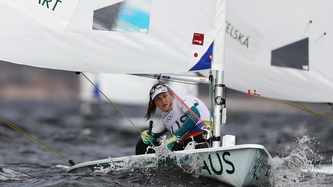 RIO DE JANEIRO, BRAZIL — AUGUST 08: Ashley Stoddart of Australia competes during the Women's Laser Radial races on Day 3 of the Rio 2016 Olympic Games at Marina da Gloria on August 9, 2016 in Rio de Janeiro, Brazil. (Photo by Clive Mason/Getty Images)