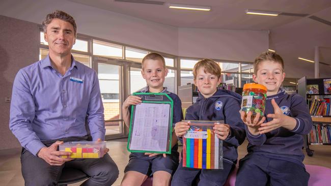 Principal Stephen Jolley with students at Grange Primary School. Picture: Ben Clark