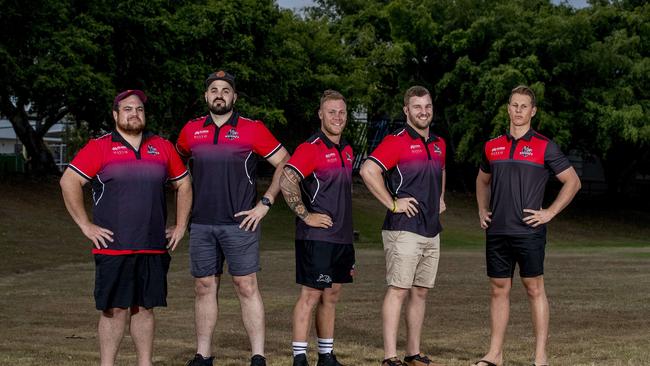 Griffith University-College Knights team of the decade reunion photo. Tereina McLean, Kerrod Martorella, Blake Griffin, Jaye Paton, Cam Dodd. Picture: Jerad Williams