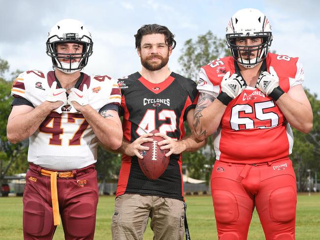 Townsville Cyclones players Ryan Worsley, Kyle Reynolds and Leon Suckling ahead of the 2024 Regional Queensland American Football season. Worsley is pictured in his Regional Queensland Irukandji representative jersey. Picture: Shae Beplate.