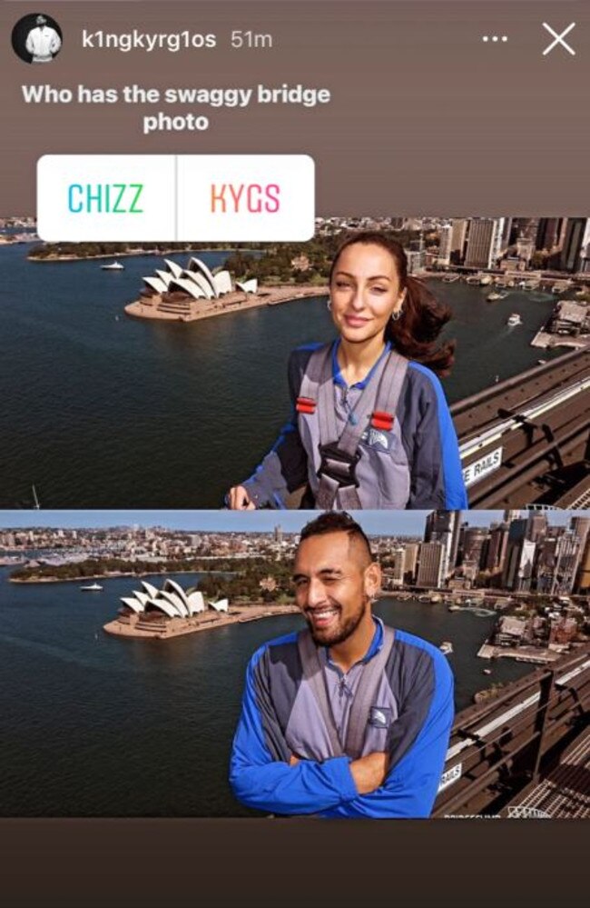 Nick Kyrgios with Chiarra Passari on Sydney's Harbour Bridge. Picture: Instagram