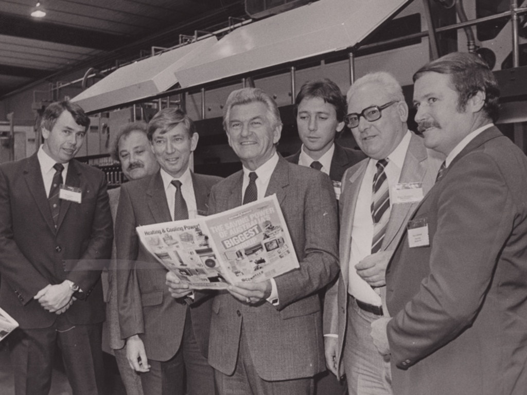 Former Prime Minister Bob Hawke with members of Messenger and Advertiser staff during a visit to the Messenger Press Newspaper in April 1984.