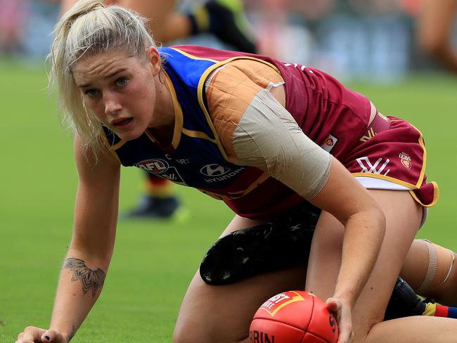 Tayla Harris  in action during the Women's AFLW Grand Final between the Brisbane Lions and Adelaide Crows at Metricon Stadium on the Gold Coast. Pics Adam Head