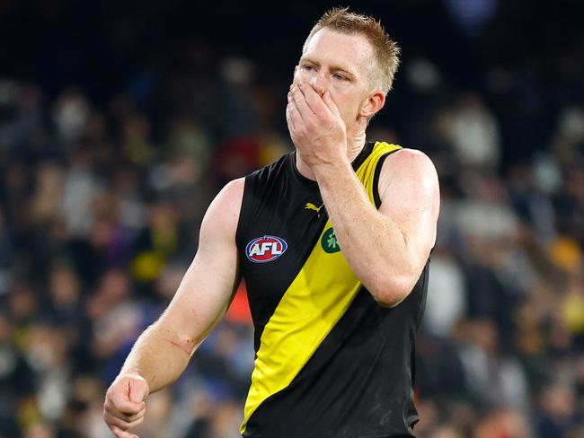 MELBOURNE, AUSTRALIA - MARCH 31: Jack Riewoldt of the Tigers looks dejected after a loss during the 2023 AFL Round 03 match between the Collingwood Magpies and the Richmond Tigers at the Melbourne Cricket Ground on March 31, 2023 in Melbourne, Australia. (Photo by Michael Willson/AFL Photos via Getty Images)