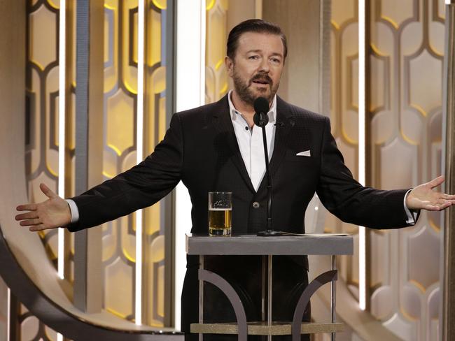 Having a go at her ... Ricky Gervais hosts the 73rd Annual Golden Globe Awards. Picture: NBC via AP