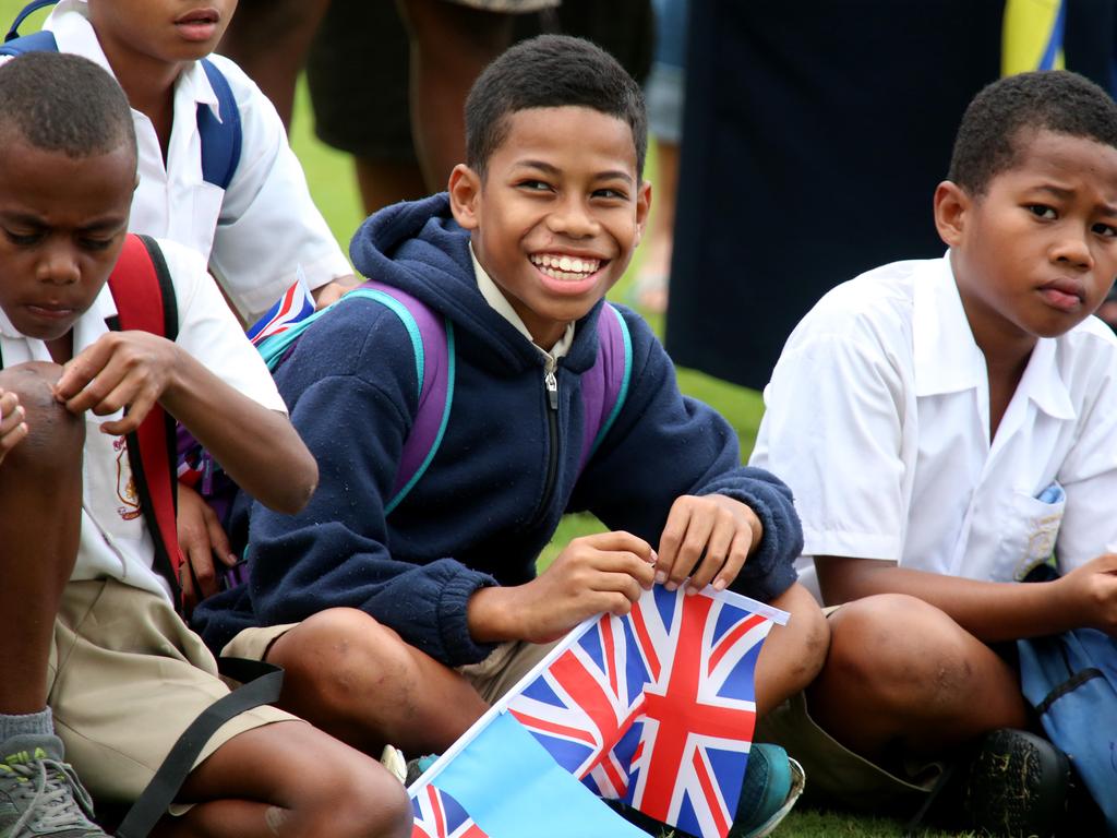 Crowds gather for the arrival of The Duke and Duchess of Sussex, Prince Harry and Meghan at Prince Albert Park in Suva for their traditional welcome to Fiji. Picture: Nathan Edwards.
