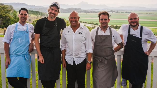 Chefs Jason Saxby (Rae’s on Wategos), Darren Robertson (Three Blue Ducks), Steven Snow (Fins), Ben Devlin (Pipit), Alastair Waddell (Harvest) united to help raise funds for the bushfire appeal. Photo: Dean James.