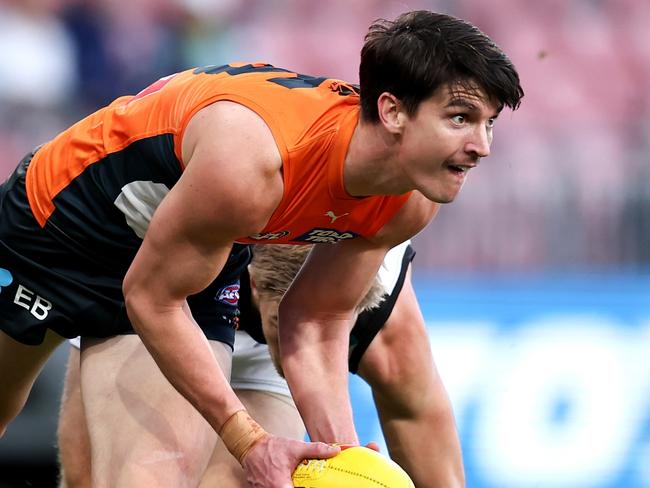 SYDNEY, AUSTRALIA - JUNE 16: Sam Taylor of the Giants controls the ball during the round 14 AFL match between Greater Western Sydney Giants and Port Adelaide Power at ENGIE Stadium, on June 16, 2024, in Sydney, Australia. (Photo by Brendon Thorne/AFL Photos/via Getty Images)