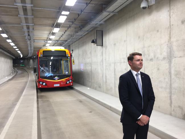 Transport Minister Stephen Mullighan inside the O-Bahn Tunnel.