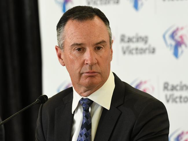 MELBOURNE, AUSTRALIA - APRIL 28: (L-R) Racing Victoria's  Executive General Manager Ã¢â¬â Integrity Services, Jamie Stier and Chairman of Racing Victoria, Brian Kruger are seen during the Racing Victoria media opportunity at Flemington Racecourse on April 28, 2021 in Melbourne, Australia. Racing Victoria conducted a review into the injury rate of international horses that compete in the Spring Racing Carnival and the Melbourne Cup. (Photo by Vince Caligiuri/Getty Images)