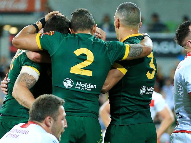 Rugby League World Cup opening match at AAMI Park, Australia v England, Friday October 27, 2017. Australia celebrate Matt GILLETT's try. Picture: Mark Stewart