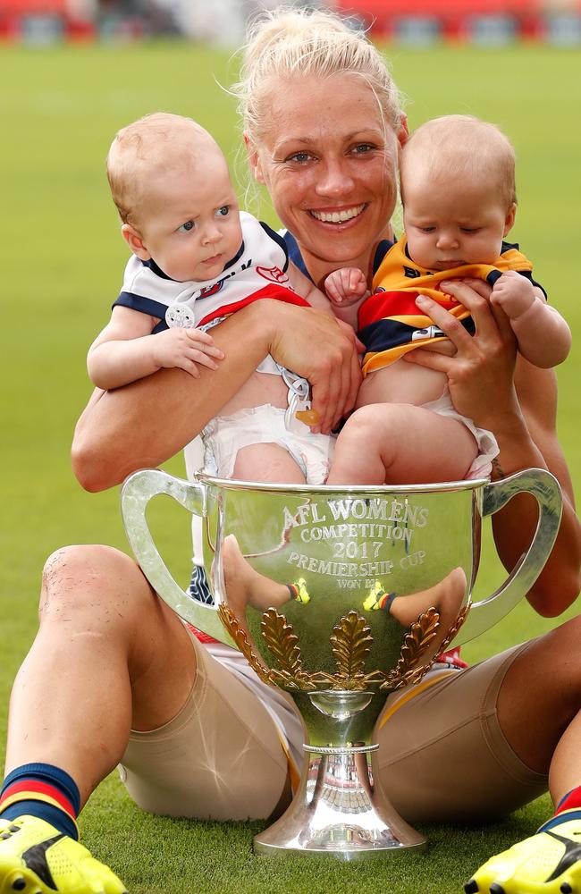 Erin Phillips of the Crows celebrates with children Blake and Brooklyn after the 2017 AFLW Grand Final. Picture: Michael Willson (AFL Media/Getty Images)