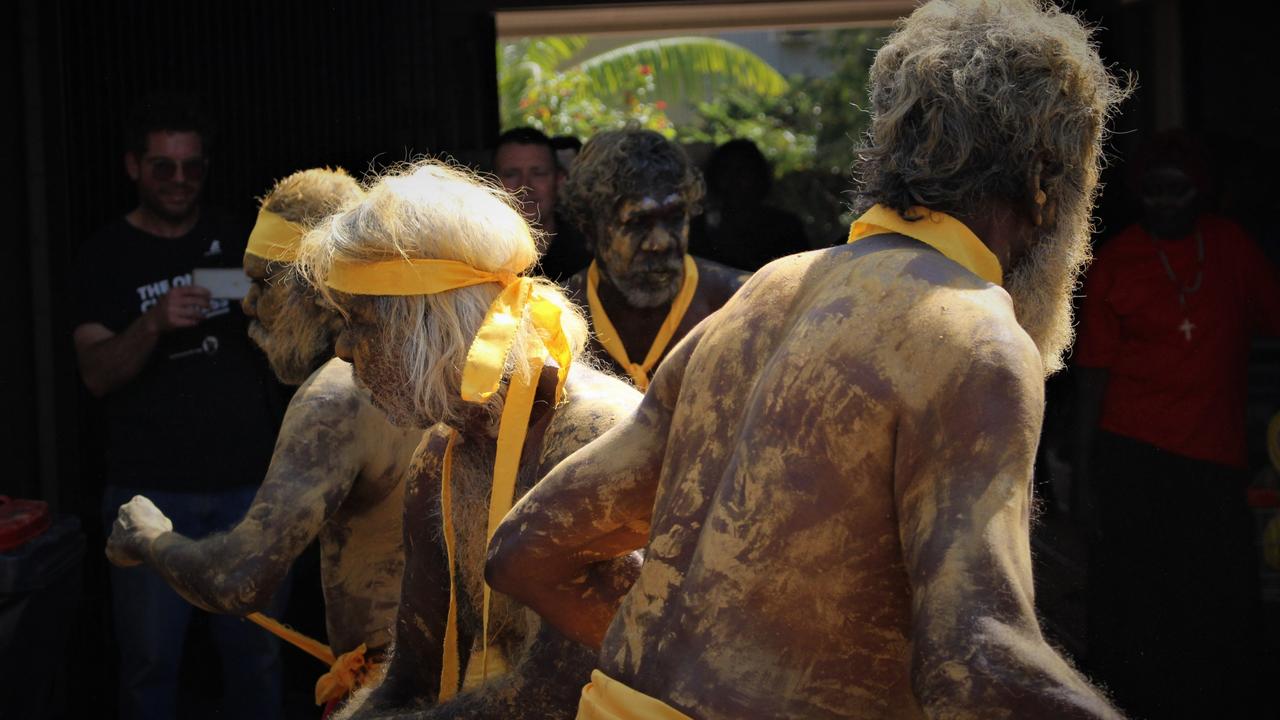 Traditional dancers perform a Welcome to Country ahead of J-MILLA’s landmark gig in Wadeye on Thursday. Picture: Jason Walls