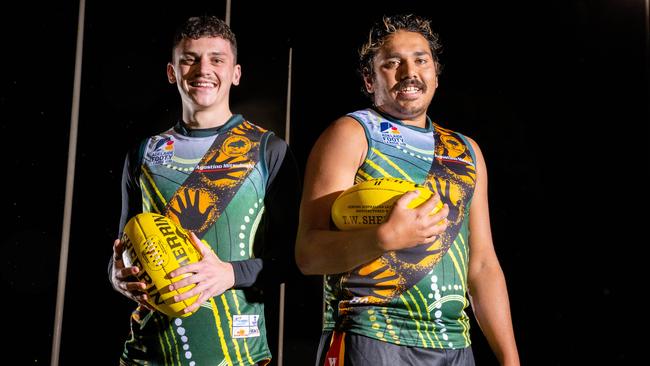 Salisbury North Football Club A Grade players Brodie Wagner, 20, and Malachi Ah Matt-Lovett, 23, wearing their Indigenous round guernseys ahead of Saturday. Picture: Morgan Sette