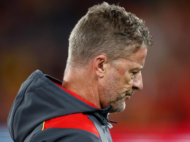 MELBOURNE, AUSTRALIA - JUNE 08: Damien Hardwick, Senior Coach of the Suns looks on during the 2024 AFL Round 13 match between the St Kilda Saints and the Gold Coast SUNS at Marvel Stadium on June 08, 2024 in Melbourne, Australia. (Photo by Michael Willson/AFL Photos via Getty Images)