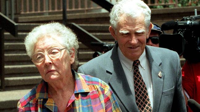 Norma and Syd Long leave Brisbane Coroner's Court in 2001