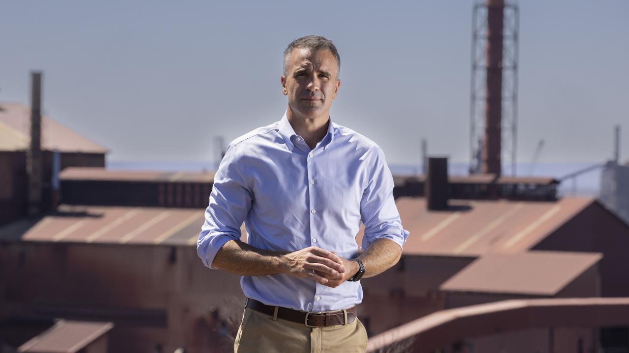 Premier Peter Malinauskas stands on Hummock Hill Lookout in Whyalla, overlooking Whyalla Steelworks. Picture: Brett Hartwig