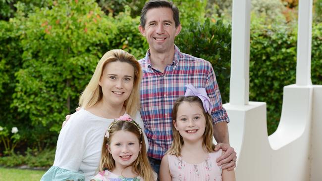 Liberal politician Simon Birmingham with his wife Courtney and children Amelia 6yo and Matildas 8yo, Sunday, May 19, 2019. (Pic: AAP/Brenton Edwards)