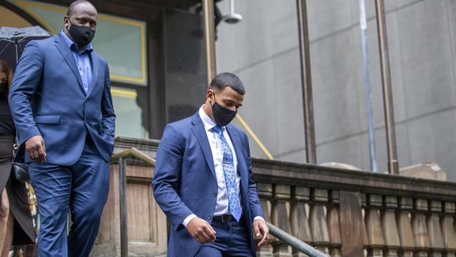 Former St George Illawarra Dragons player Tristan Sailor (right) leaves court with his father Wendell Sailor, the ex-Wallaby and Kangaroos player. Picture: NCA NewsWire / Christian Gilles