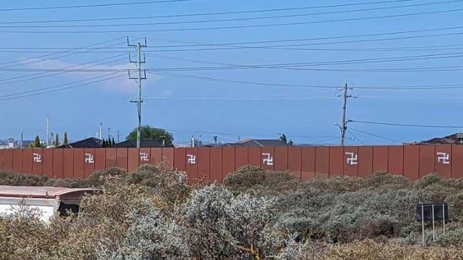 A wall with anti-Semitic graffiti on the Geelong Ring Road.