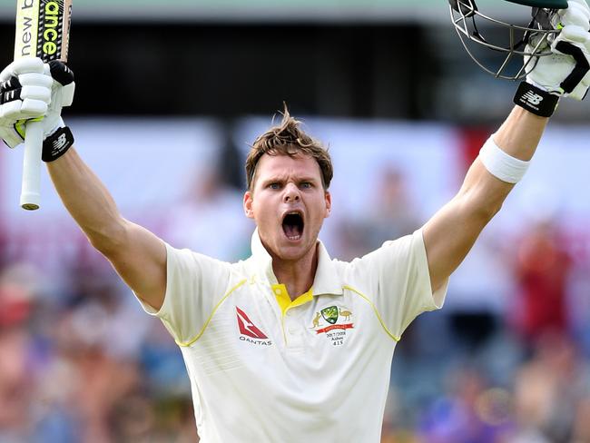 Australian captain Steve Smith reacts after scoring a double century on Day 3 of the Third Ashes Test match between Australia and England at the WACA ground in Perth, Saturday, December 16, 2017. (AAP Image/Dave Hunt) NO ARCHIVING, EDITORIAL USE ONLY, IMAGES TO BE USED FOR NEWS REPORTING PURPOSES ONLY, NO COMMERCIAL USE WHATSOEVER, NO USE IN BOOKS WITHOUT PRIOR WRITTEN CONSENT FROM AAP