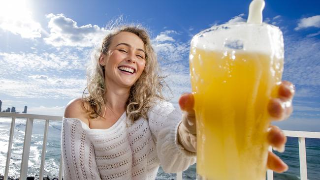 Emma-Lee Hesford enjoying a drink at the Burleigh Pavilion. Picture: Jerad Williams