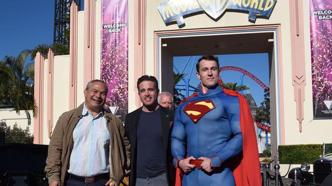 Gold Coast Mayor Tom Tate and Clark Kirby CEO at Movie World for the reopening.